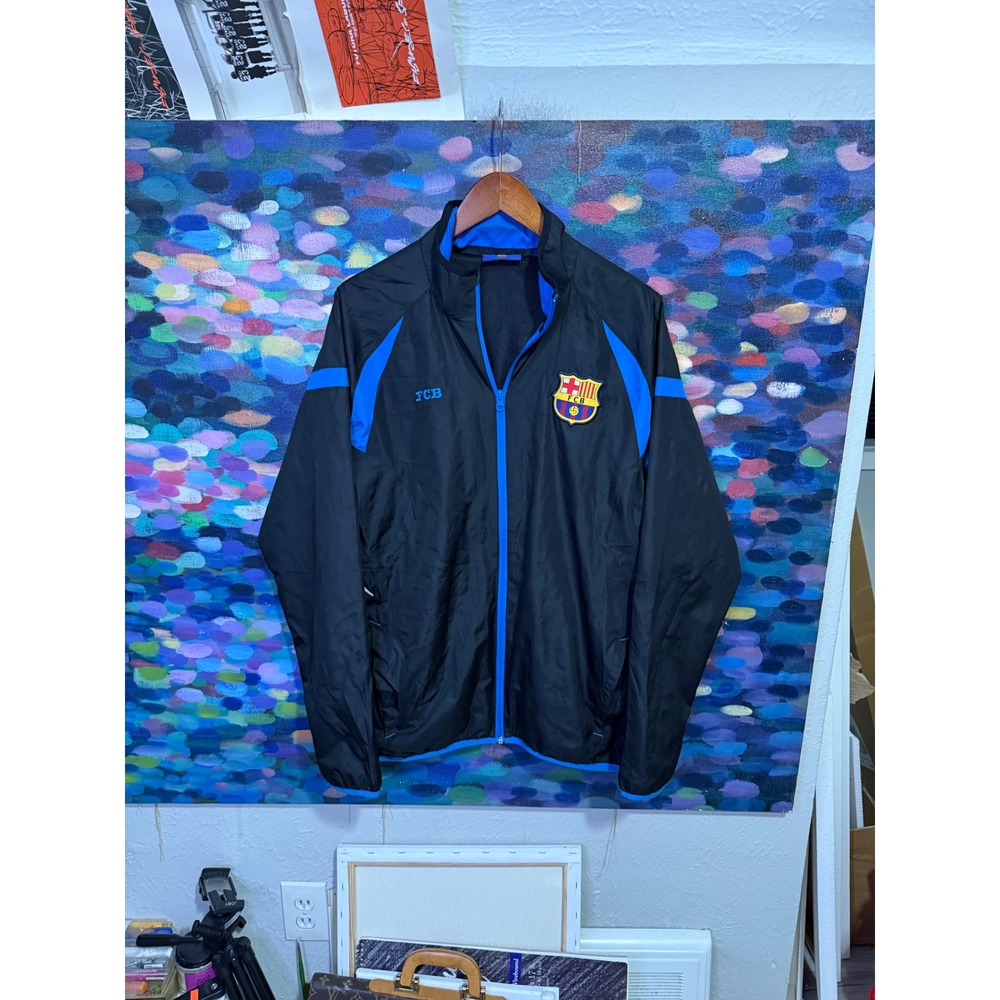 FC Barcelona Mens Track Jacket Black Blue Full Zip Windbreaker Size M FCB Soccer